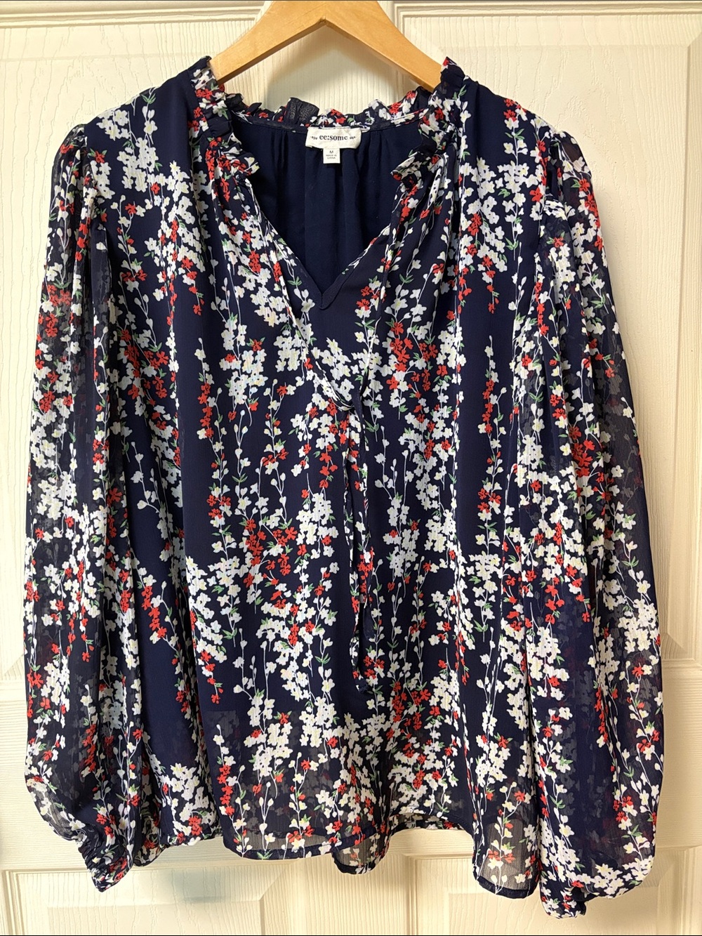 Ee:some: Navy Floral Ruffled V-Neck Blouse